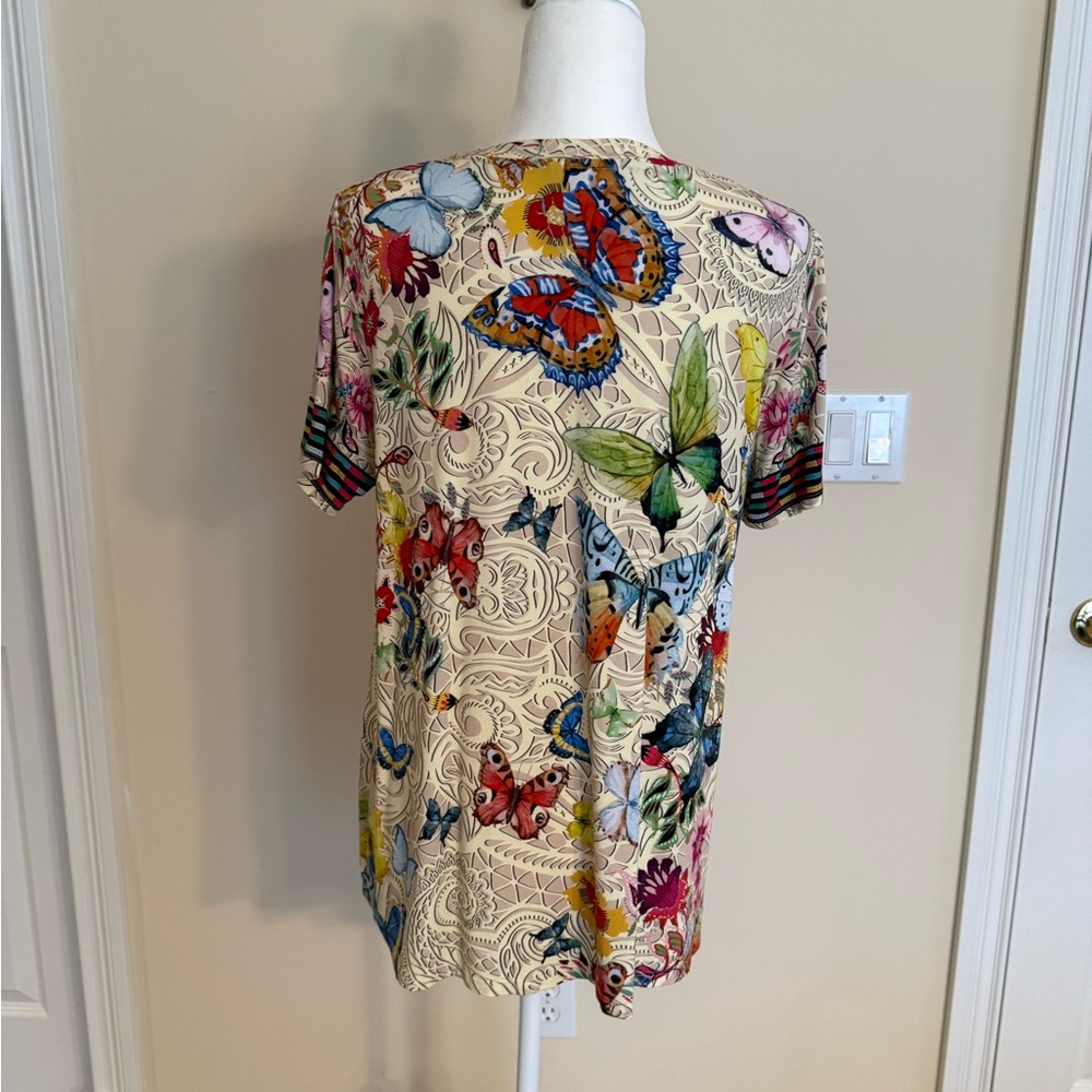 Johnny Was Multicolor Butterfly and Floral Short Sleeve Top - Picture 2 of 6